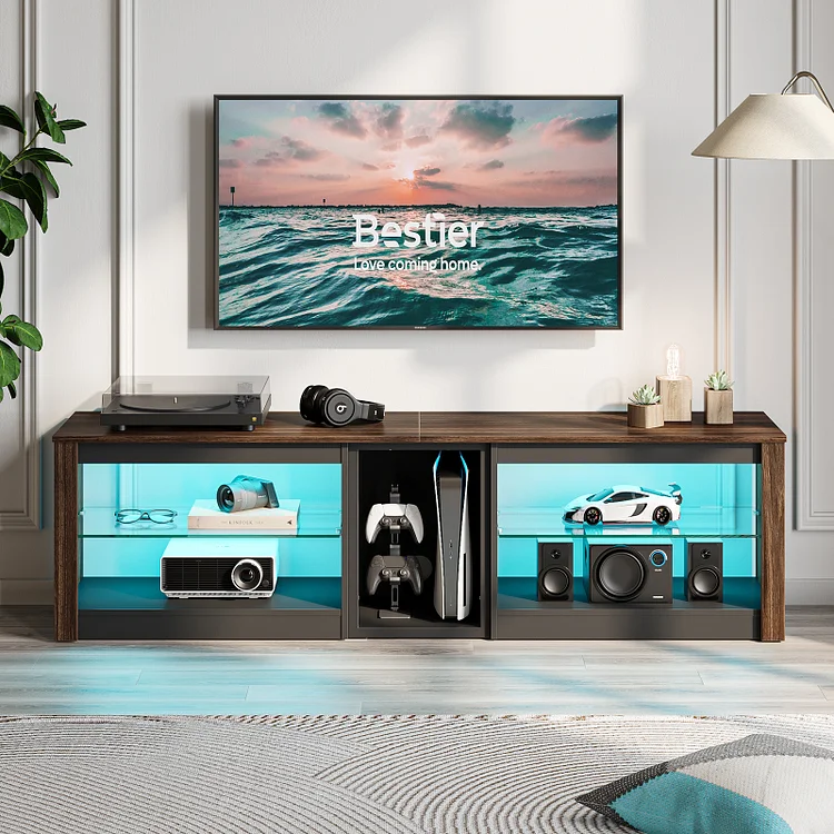 Bestier TV Stand for TVs up to 65" with LED Lights, Entertainment Center with Storage Cabinet, Dark Walnut