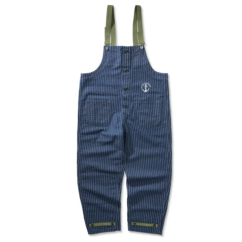 American Casual Striped Denim Washed Multi-pocket Backpack Overalls
