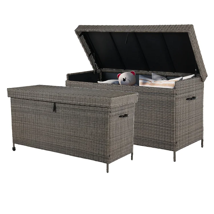 Outdoor Wicker 170 Gallon Resin Deck Box with Lid anfd Handles Set