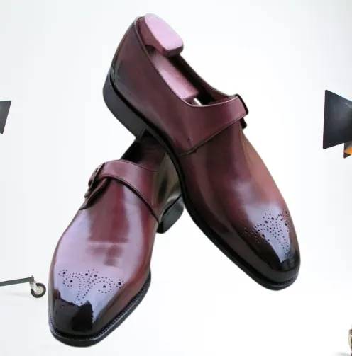 Men's Maroon Brogue Monk Dress Shoes - Handmade Leather Formal Footwear