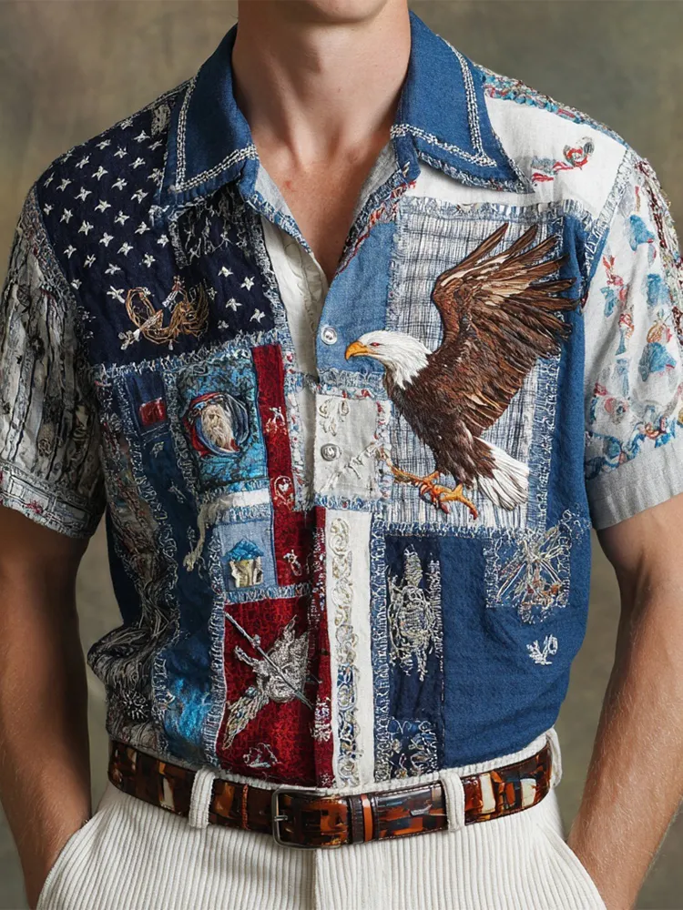 Men's American Eagle Flag Inspired Patchwork Linen Shirt