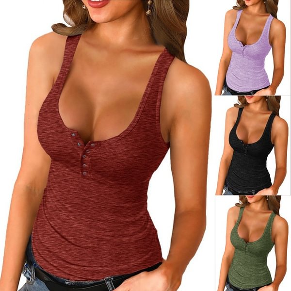 Ladies Cotton Slim Fit Vest Sleeveless Tank Tops Women's Casual Summer Tops V-neck Button Up Shirts Solid Color Off Shoulder Tops - BlackFridayBuys