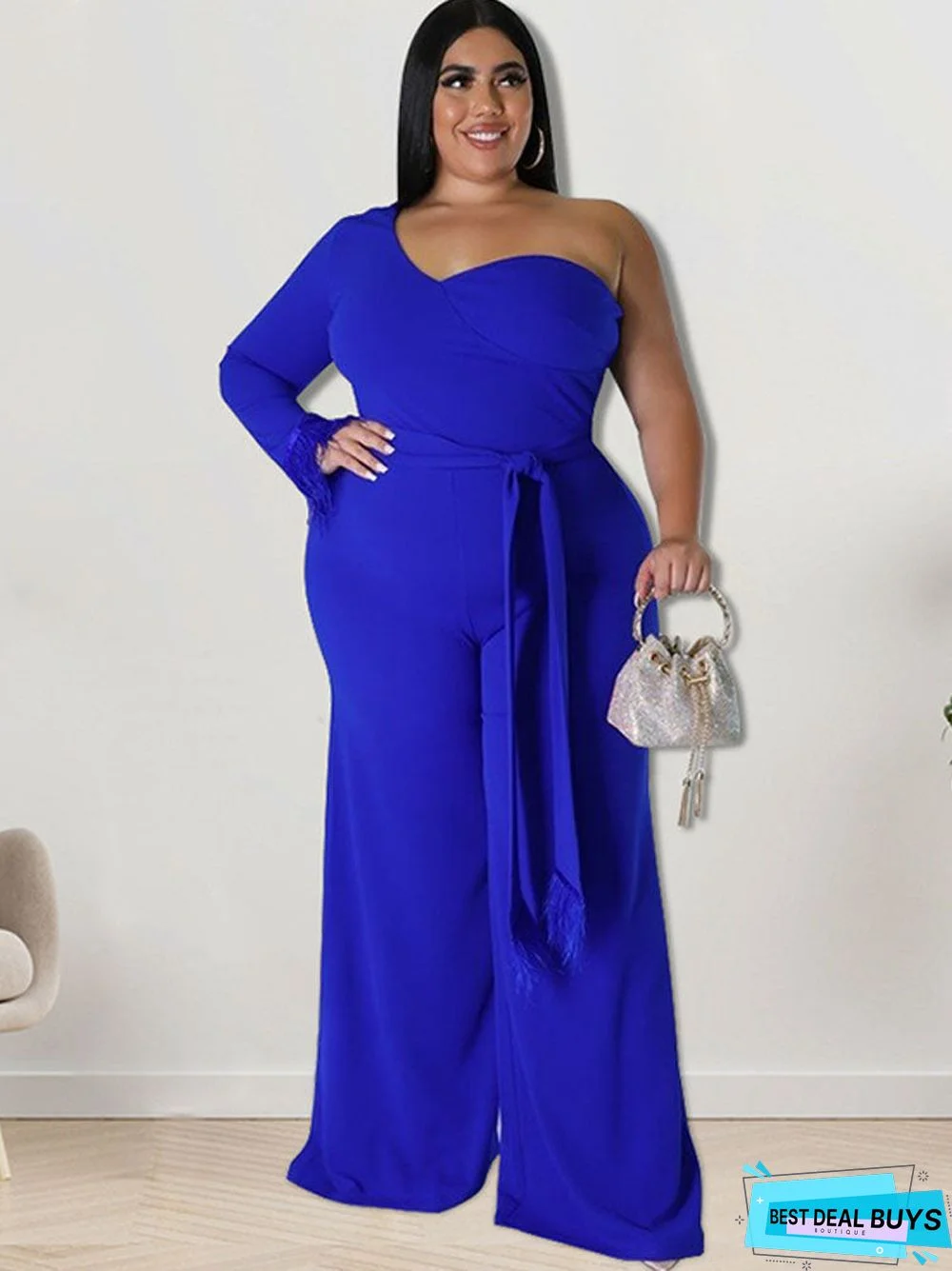 Plus Size One Shoulder Belted Wide Leg Jumpsuits