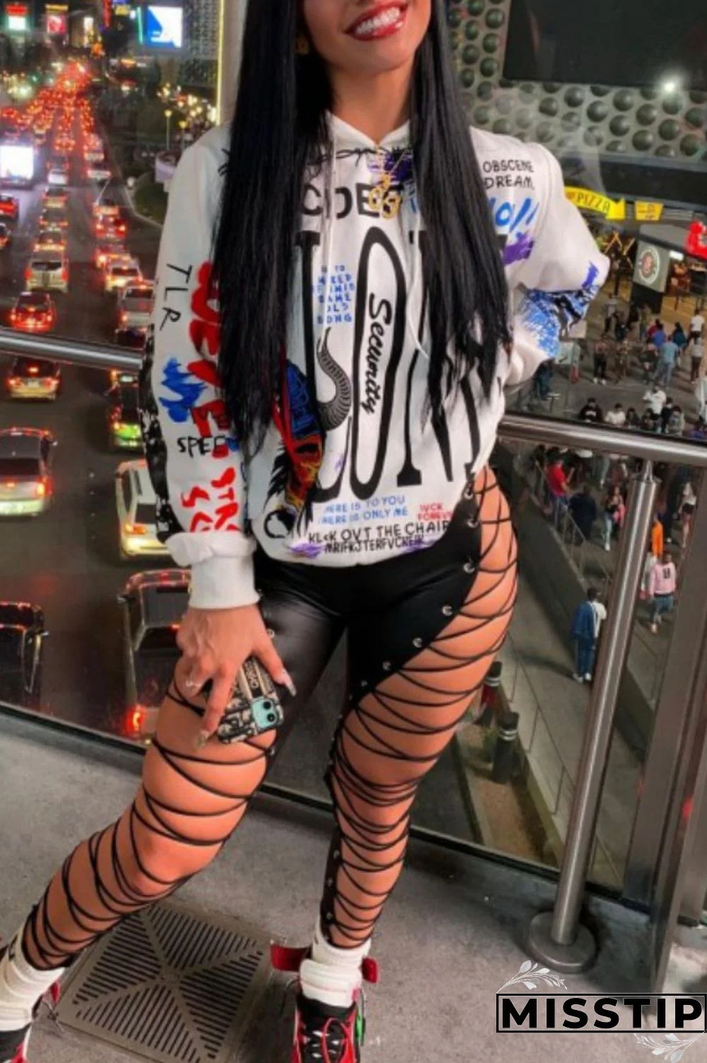 Plus Size White Casual Print Graffiti Basic Hooded Collar Tops