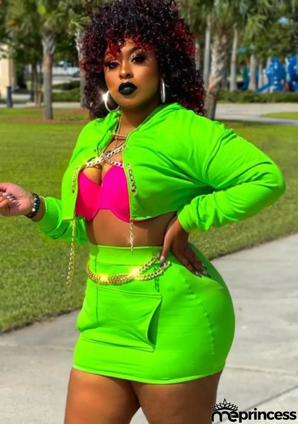 Autumn Causal Plus Size Green Open With Chain Crop Top and Mini Dress Set