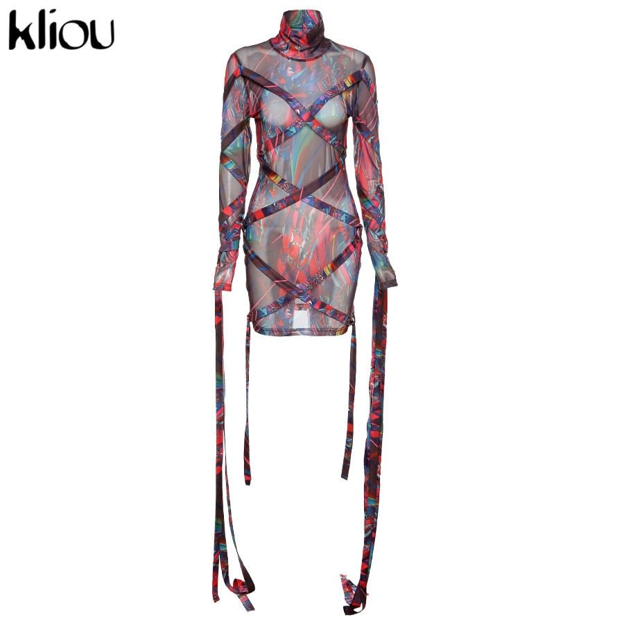 Kliou Ribbons Mesh Bodycon Dresses Women 2021 Long Sleeve Turtleneck Colorful Active Streetwear Mini Dress Fashion Clothing