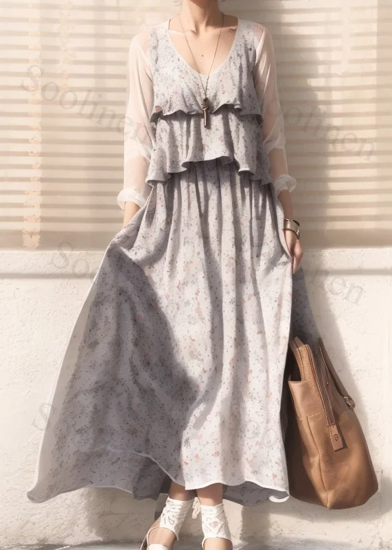 Elegant Apricot Print False Two Pieces Cotton Maxi Dresses Long Sleeve