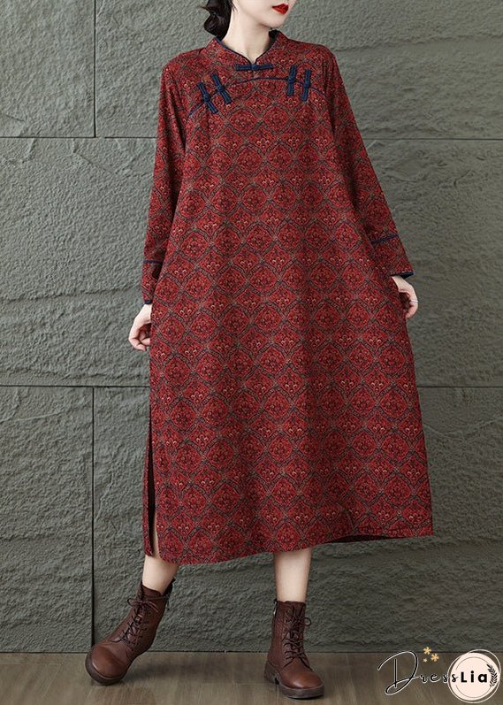 Vintage Red Stand Collar Print Oriental Button Cotton Dress Fall