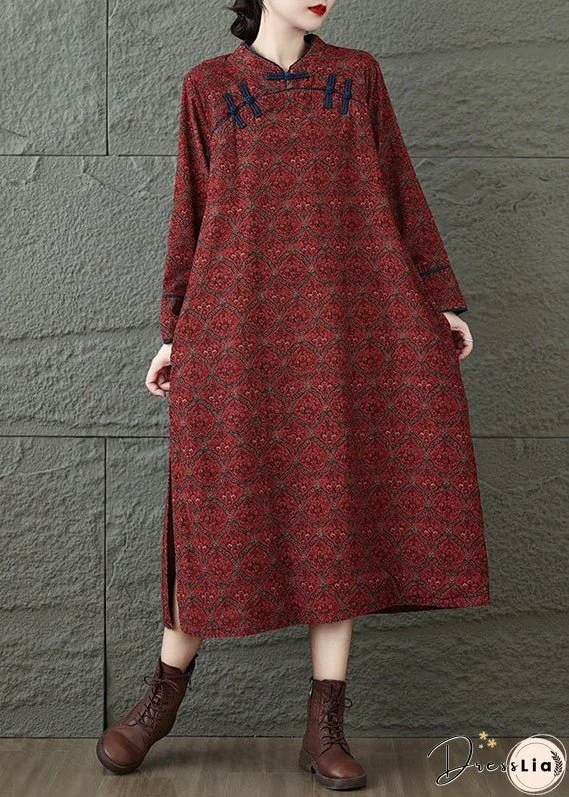 Vintage Red Stand Collar Print Oriental Button Cotton Dress Fall