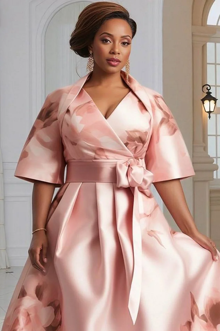 Xpluswear Design Plus Size Mother Of The Bride Pink Floral Wrap Neck Short Sleeve Pocket Elegant 3D Satin Midi Dresses [Pre-Order]