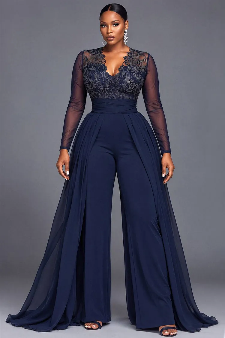 Xpluswear Design Plus Size Mother Of The Bride Chiffon Navy Blue V Neck Long Sleeve Contrast Wide Leg Lace Jumpsuits [Pre-Order] 2024 - Xpluswear