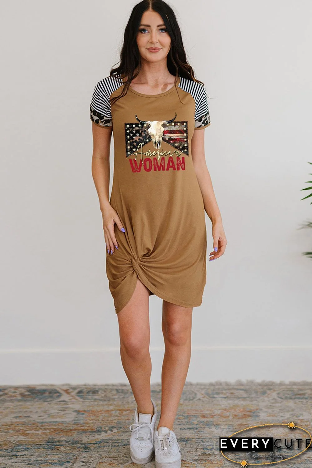 Brown Independence Day Graphic Print Contrast Sleeve Dress