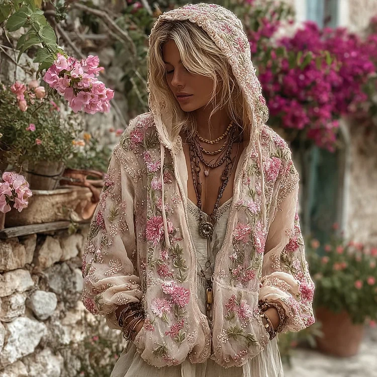 Bohemian Style Pink Rose Vintage Zip-up Cardigan Hoodie