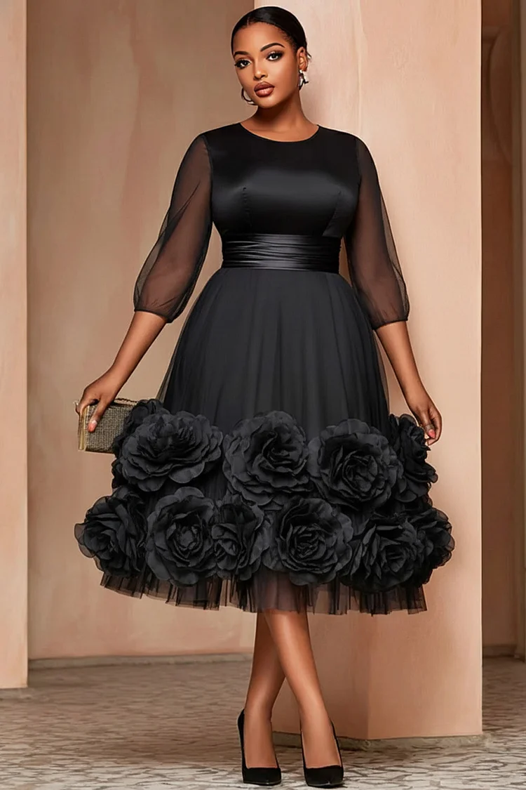 Xpluswear Design Plus Size Cocktail Party Black Round Neck 3/4 Sleeve 3D Elegant Satin Midi Dresses 2024 - Xpluswear