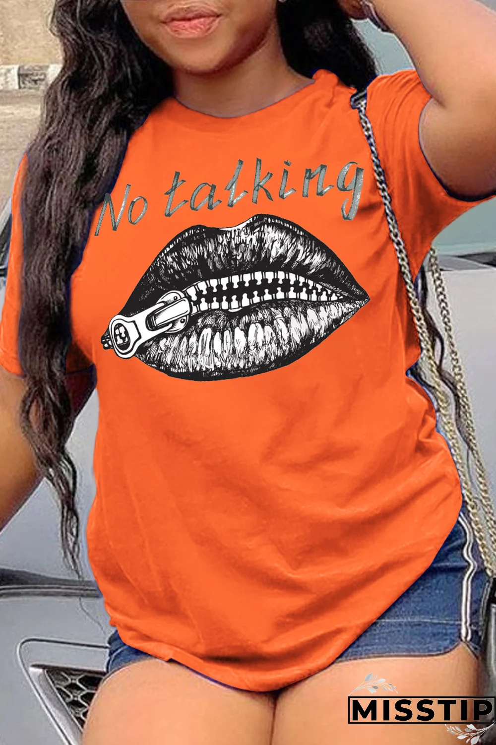 Red Casual Street Lips Printed Patchwork Letter O Neck T-Shirts