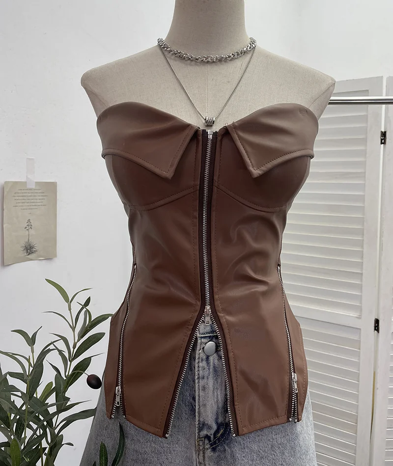 Uveng Real Shooting Hottie Retro Tender With Chest Pad Wrapped Bra Zipper Design Smear Bra Vest Short Sleeveless Top 8968