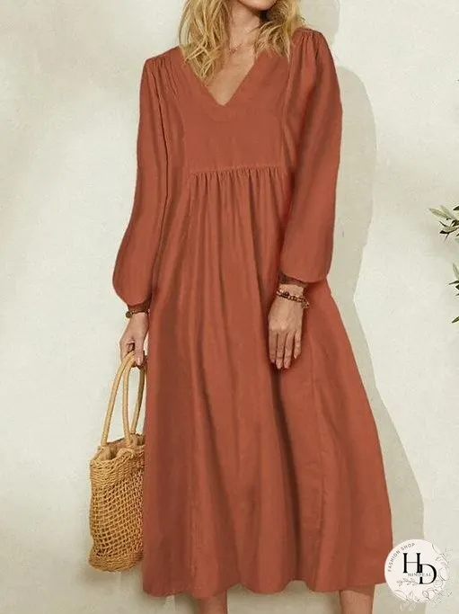 Dresses Loose V-Neck Lantern Long Sleeve Dress for Women