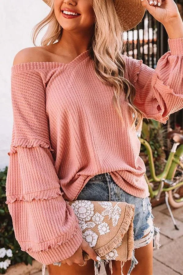 Waffle Ruffled V-neck Loose Top