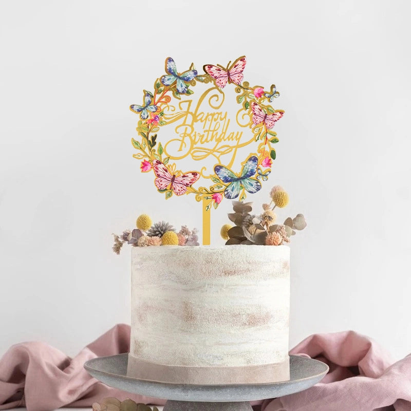 Acrylic Cake Topper Ins Style Floral Uv Color Printing Happy Birthday Dessert Decoration Plugin