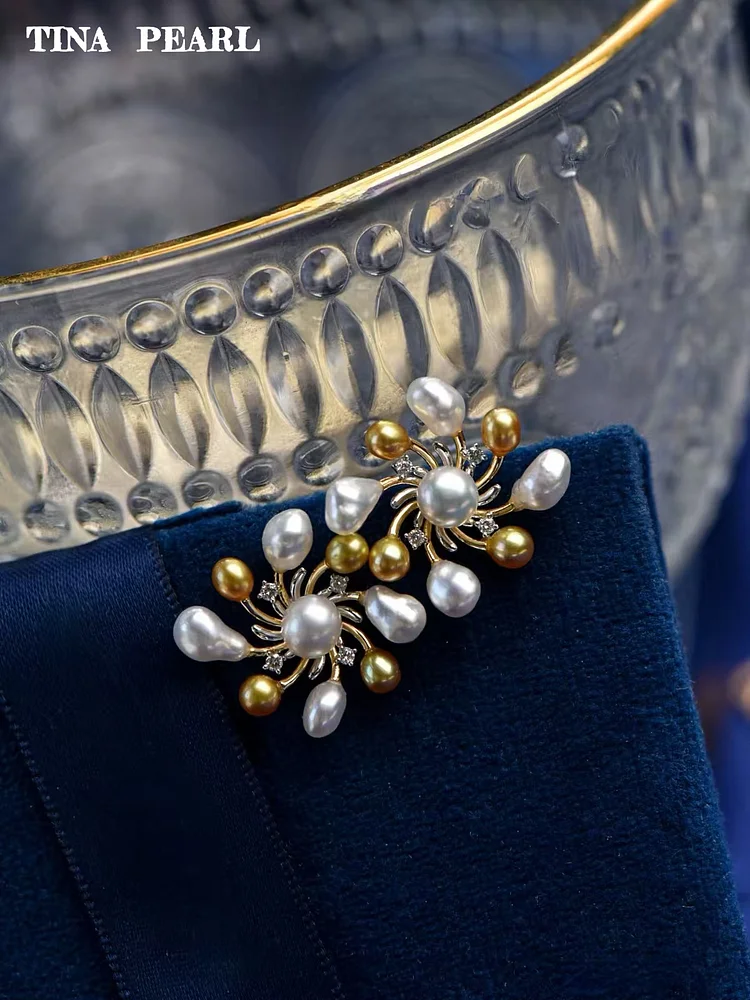 2025 TINA Jewelry18k gold + sea water Australian white/gold bead vortex fireworks earrings