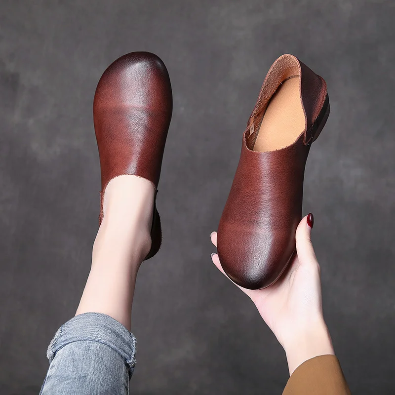 Yyvonne Layer Of Cowhedel Flat Soft Sole Single Shoes Spring Mori Literature And Art Retro Leather Hand-Sleeve Women's Shoes Breathable Deodorization