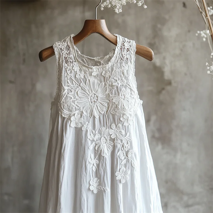 Flowers Lace Art Patchwork Linen Tank Dress