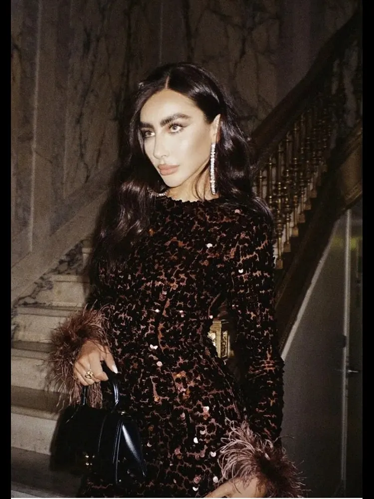 Uveng 2023 Autumn Winter Dresses For Women Party Cocktail Evening Elegant Celebrity Feather Design Sequins Midi Dress Vestidos
