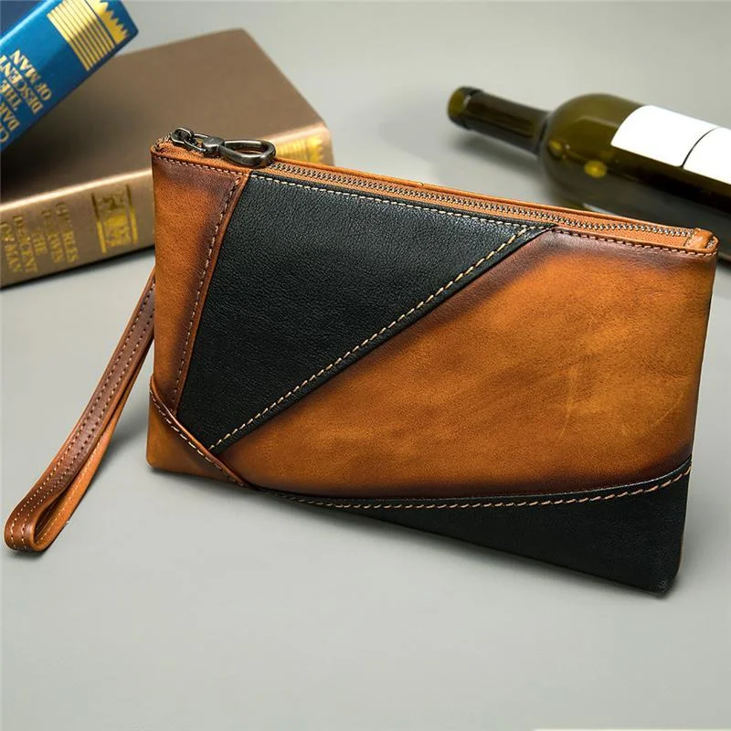 Mens Vintage Patchwork Leather Business Casual Clutch Bags