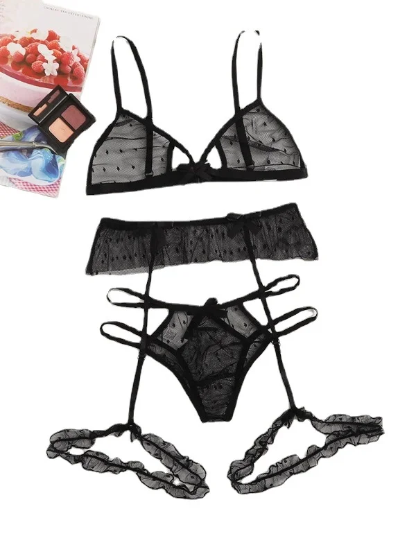 Uveng Sex Net Yarn Three-Point Set Sexy Mesh Yarn Perspective Bra Panties Garter Three-Piece Set 1500