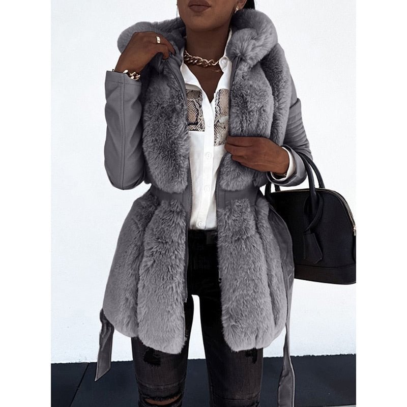 Winter Women Fashion Long Sleeve Faux Fur PU Leather Coat Pure Color Casual Cardigan Outwear Jacket Thick Warm Parka Fur Jackets