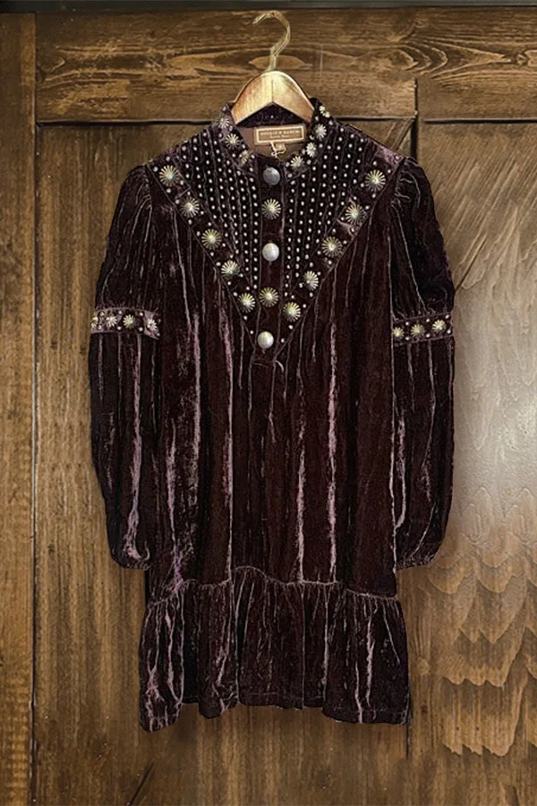 Studded Velvet Ruffled Vintage Dress