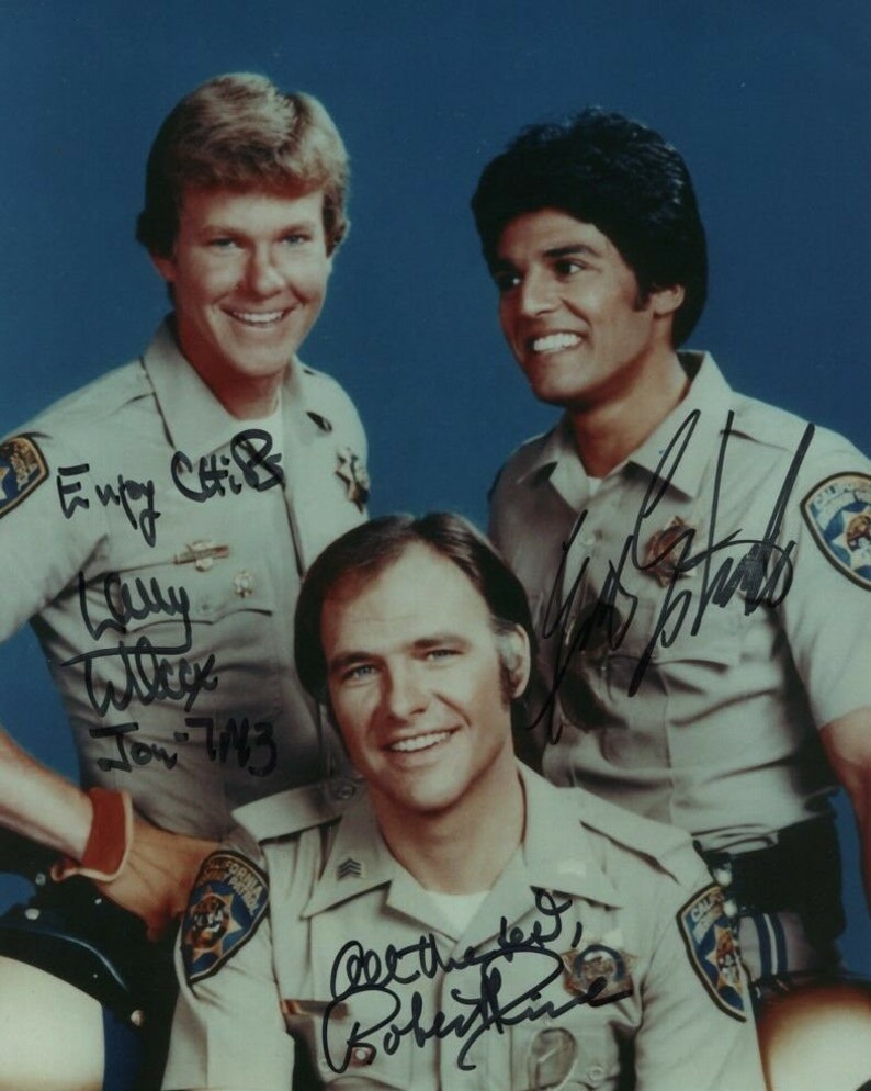 Erik estrada larry wilcox and robert pine signed autographed chips Photo Poster painting