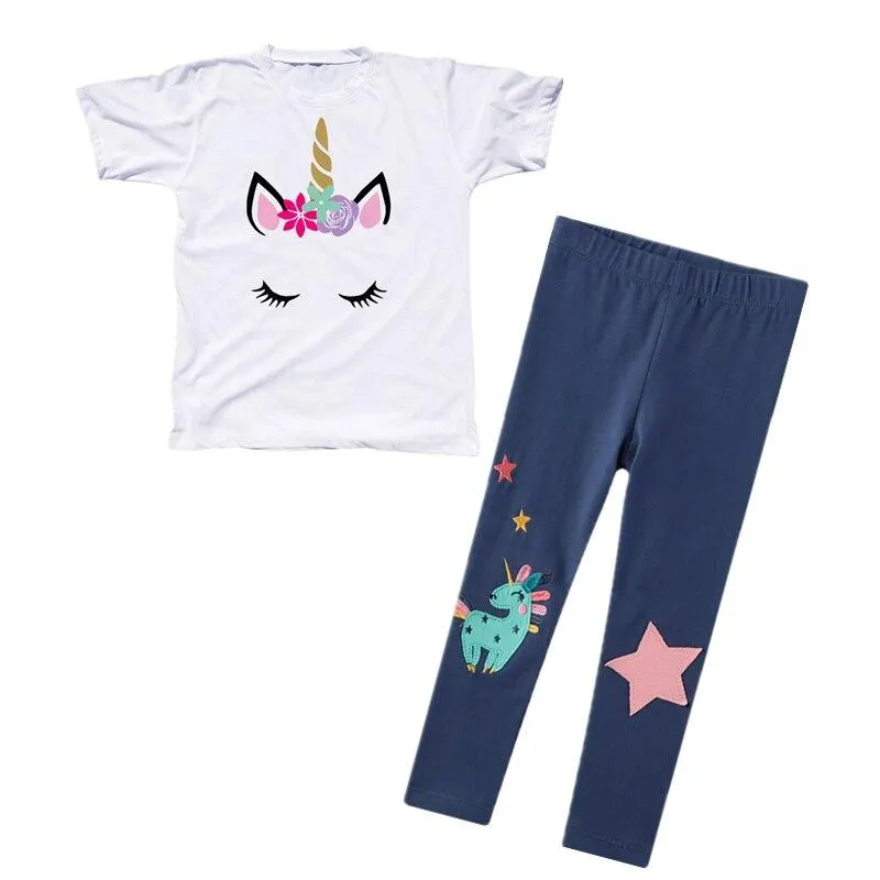 Girls Summer Clothes Set Unicorn Short Sleeve T-shirt+Pants 2PCS Outfits Kids Cartoon Print Cotton Leggings Children Clothing