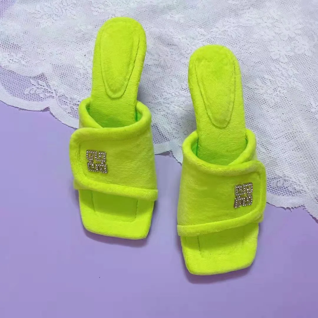 Women's Slippers 2021 Winter Square Toe Velvet Slippers Thin Heels Chic Bling Rhinestone Slides Ladies Fashion Flip Flop Shoes