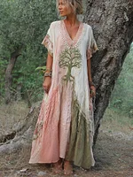 Women's Retro Tree Of Life Art Patchwork Short Sleeve Dress