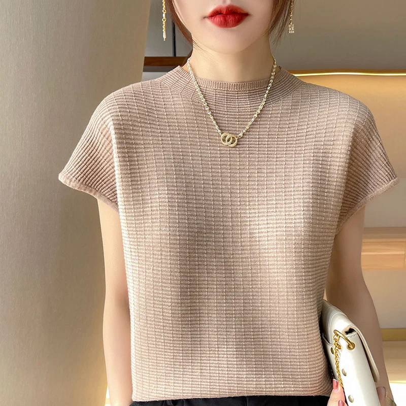 Churchf Churchf T-Shirt Women 2024 Spring Summer New Women's Half Sleeve Loose Show Thin Round Neck Knit Bottom Shirt Jacket Women