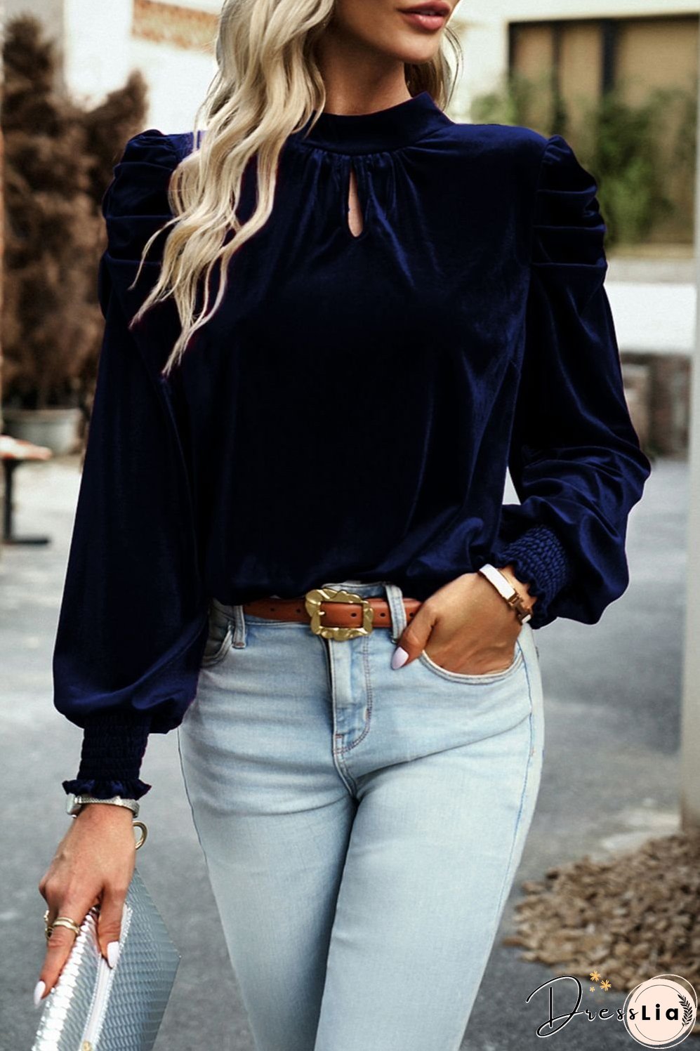 Tie Up Mock Neck Velvet Fabric Long Sleeve Blouse