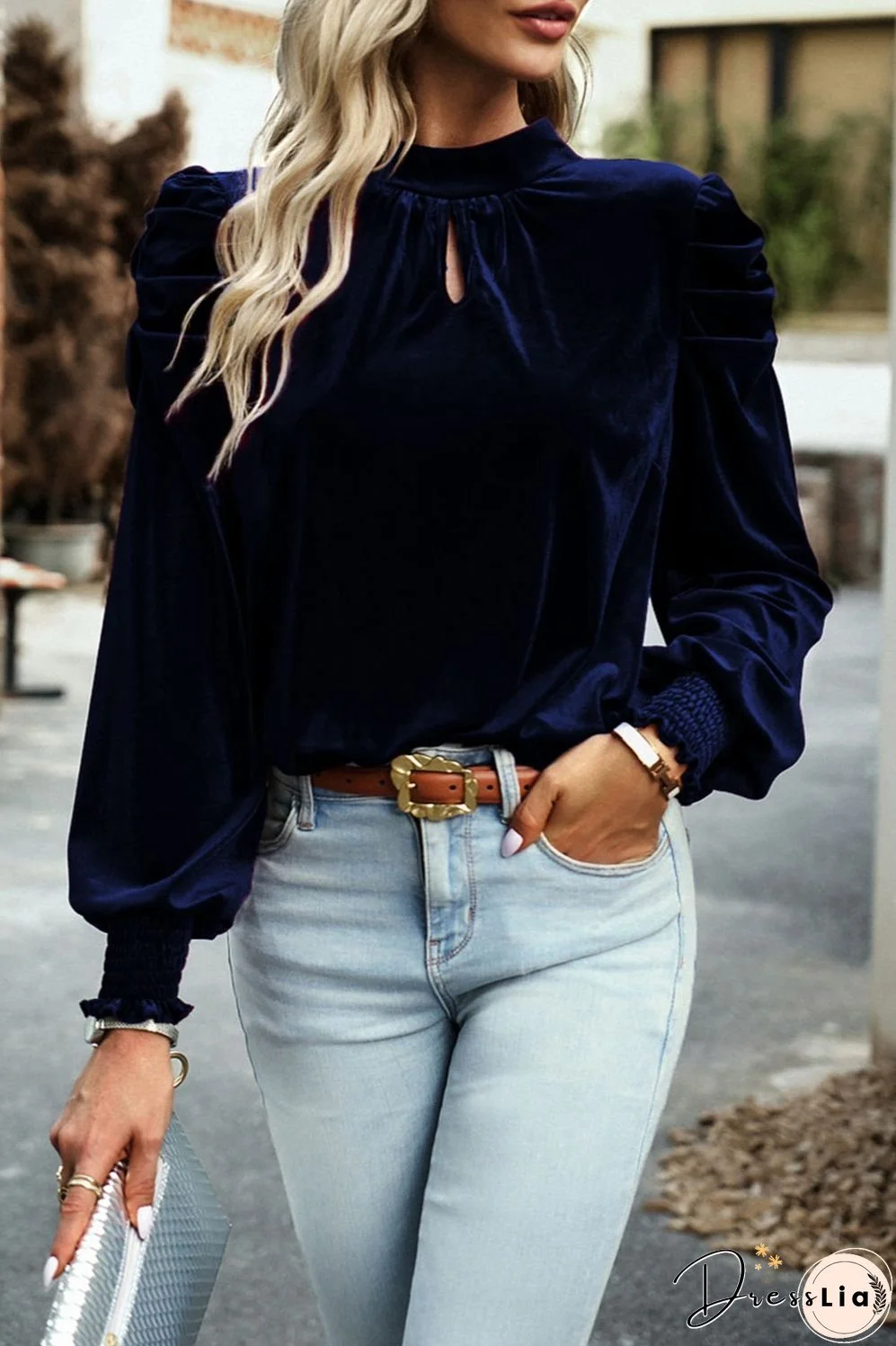 Tie Up Mock Neck Velvet Fabric Long Sleeve Blouse
