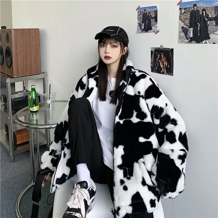 Milk Cow Pattern Zipper Plush Coat - Gotamochi Kawaii Shop, Kawaii Clothes