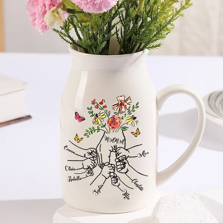 Personalisierte 7 Namen & Text Blume Hand in Hand Familie Vase