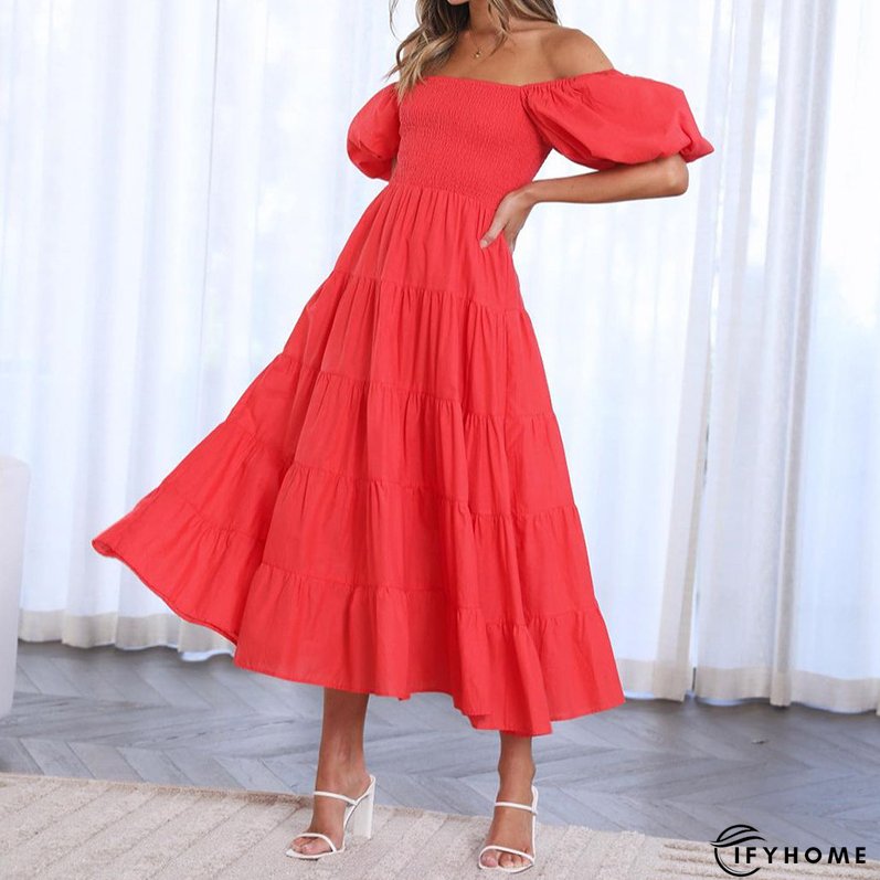 Summer Women's Fashion Loose Off Shoulder Puff Sleeve A-Line Midi Dress | IFYHOME