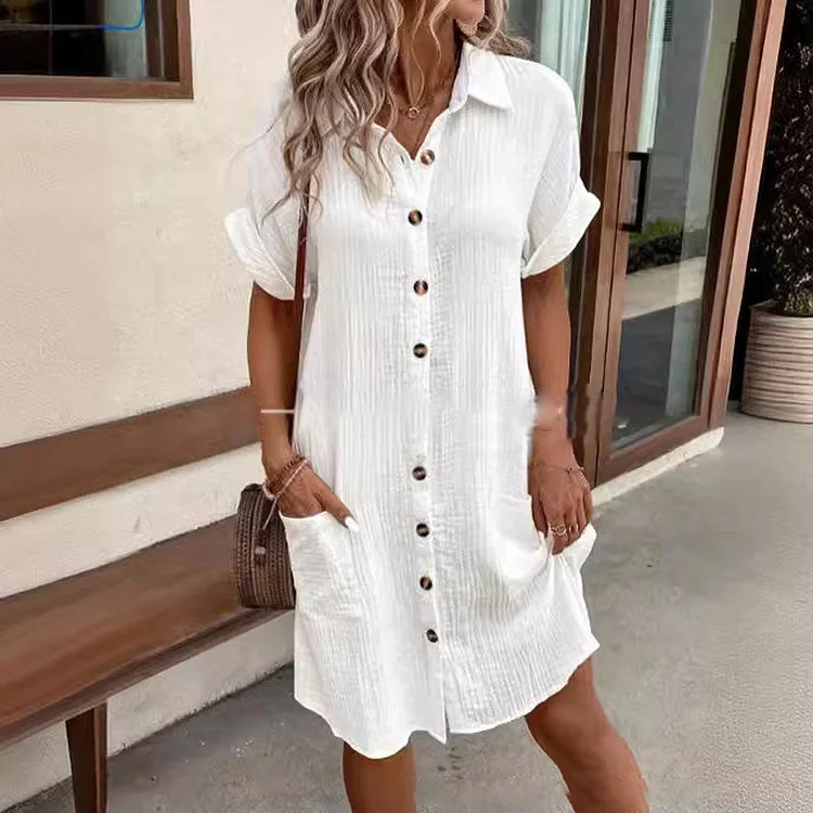 Women's Buttoned Short Sleeve Pocket Casual Shirt Dress