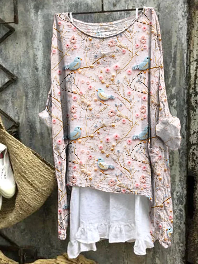 Birds & Flowers Embroidery Pattern Cozy Linen Shirt