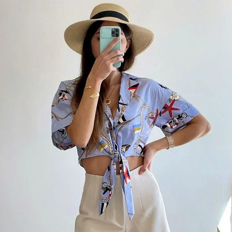 Fashion Chain Print Tie a Bow Crop Top V Neck Summer Blouses Vintage Short Sleeve Female Shirts Woman 2023 Blusas Tops
