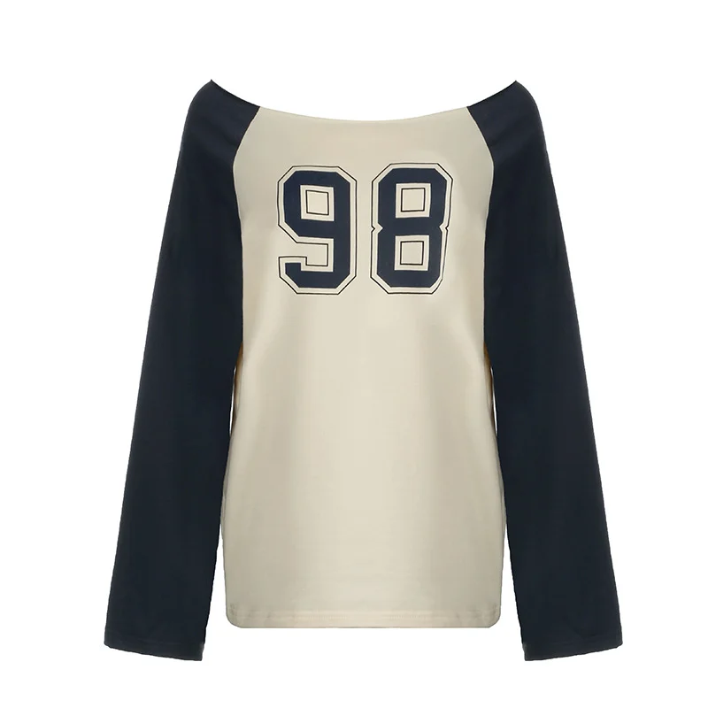 Toloer Toloer Style Patchwork Color Digital Print Long-Sleeved T-Shirt Loose Shoulder And Thin Top-Outfit Ideas