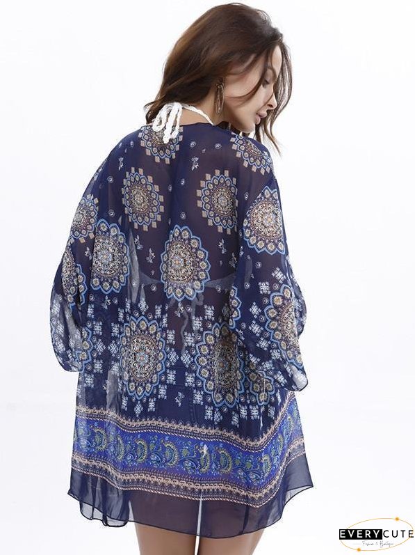 Popular 3/4 Sleeve Printed Shirt Shawl Cover-up Tops