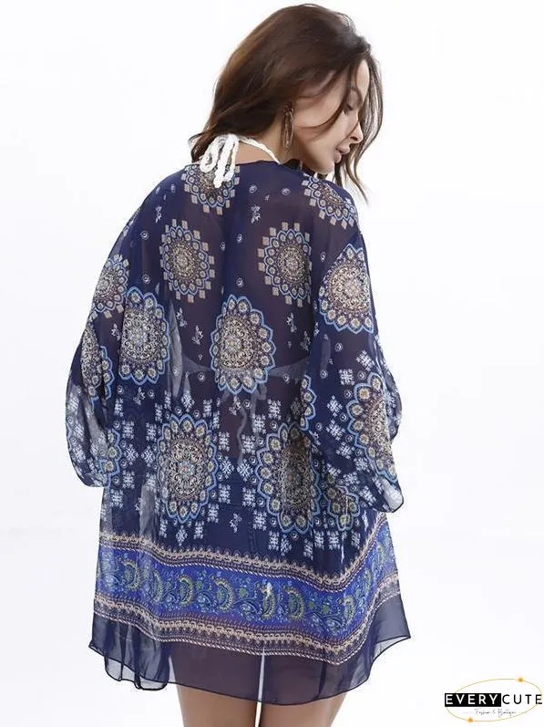 Popular 3/4 Sleeve Printed Shirt Shawl Cover-up Tops
