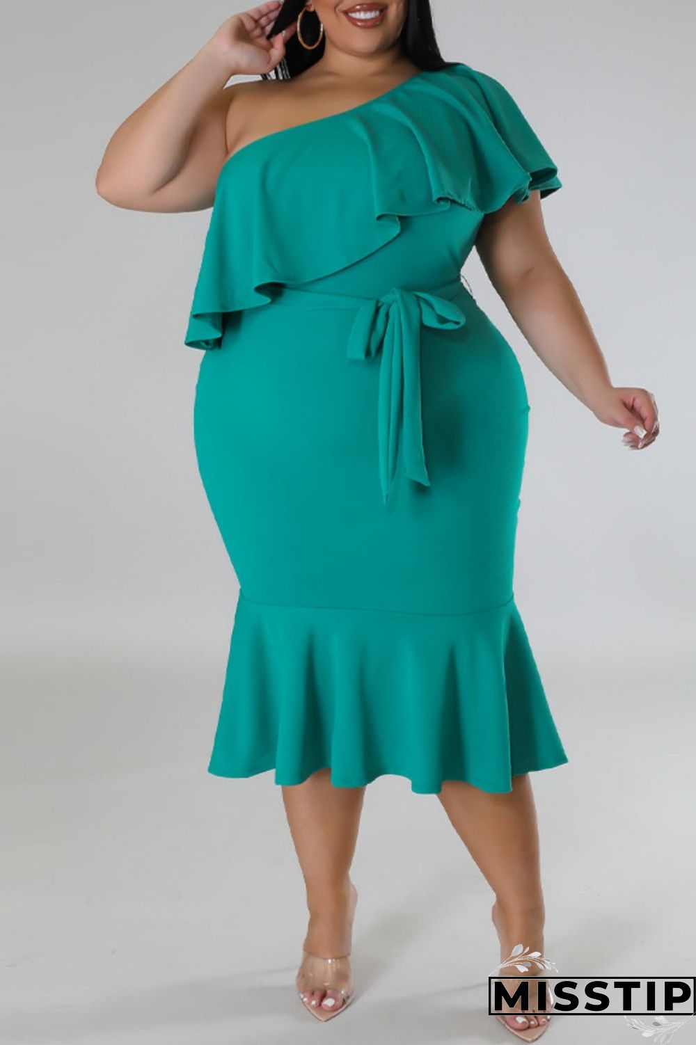 Green Casual Solid Patchwork Backless Oblique Collar Plus Size Dresses