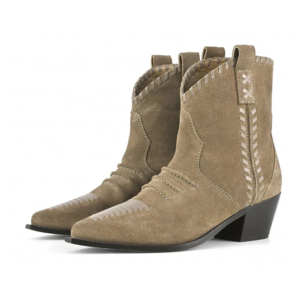 Pointed Toe Block Heel Taupe Braid Short Cowboy Boots for Women