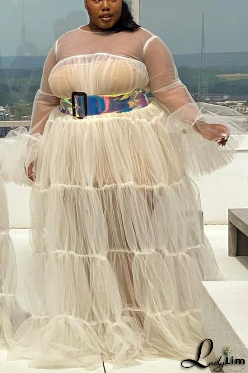 Plus Size Solid Sheer Ruffle Sleeve Maxi Dresses